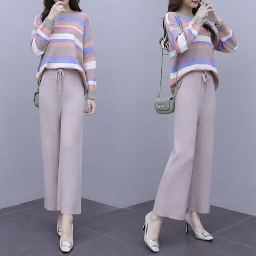 2021 Autumn New Fashion Knitting Womens Set Trousers Suit Knitting Tracksuit Striped Sweater Wide Legs Pants 2 Piece Set Y209