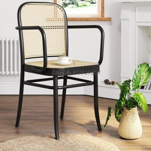Rattan dining chair solid wood household ash wood chair design ins Nordic back chair log color rattan chair with armrest