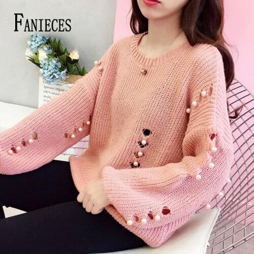 Autumn women thin knitted sweater beaded hollow hole sexy loose O neck long sleeve casual high street pullover top streetwear