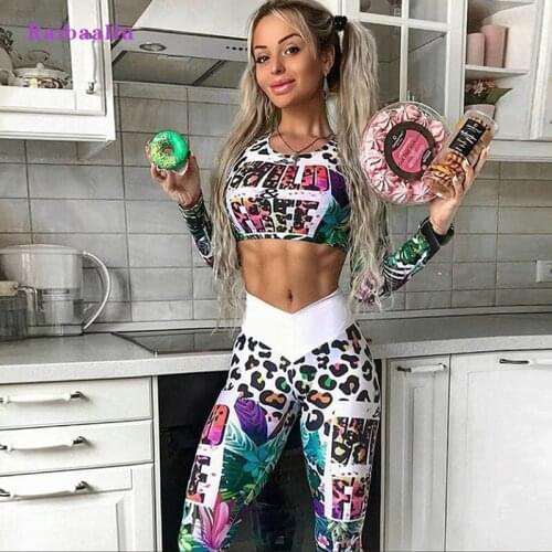 Raibaallu womens long sleeve printed sports yoga sweat suit fitness pants tip-top hip push up slimming fitness running Leggings