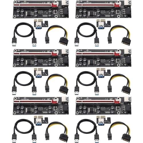 6PCS VER009S Plus PCI-E Riser Card PCI Express 1X to 16X Adapter with USB 3.0 Cable SATA to 6Pin Power Cable for Mining