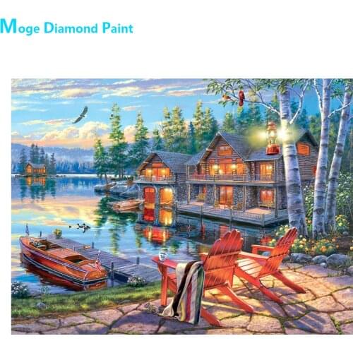 Countryside Lakeside Wooden House Boat Diamond Painting Scenic Round Full Drill DIY Mosaic Embroidery 5D Cross Stitch Landscape