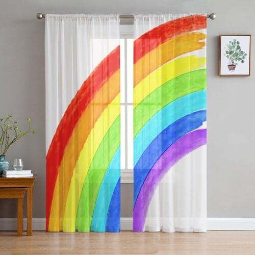 Rainbow Gradient Hand Drawn Chiffon Tulle Curtains for Living Room Kitchen Bedroom Sheer Voile Yarn Window Treatment