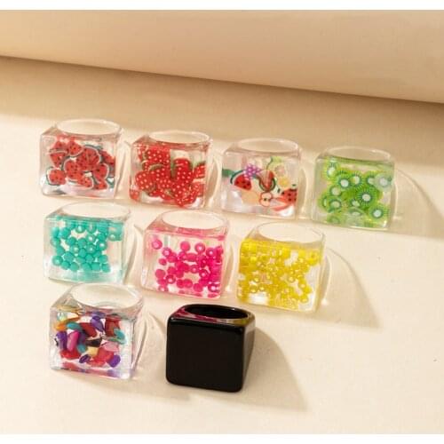 Tocona Lovely Bear Fruit Acrylic Resin Single Ring for Women Girls 2021 New Colorful Square Geoemtry Party Jewelry Anillo