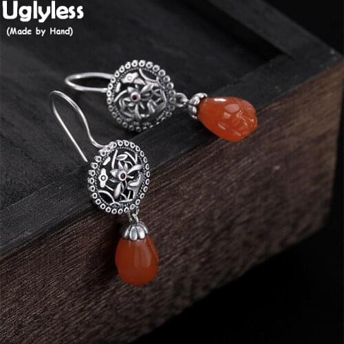 Uglyless Traditional Fine Silver Jewelry for Women 100% 925 Thai Silver Earrings Handmade Hollow Flower Earrings Agate Orchid