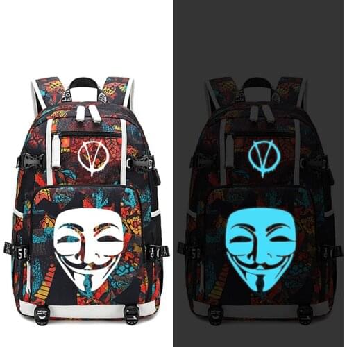 V for Vendetta Backpack USB Port Rucksack Bag Snake Pattern Teenager Student School Bags travel Shoulder Laptop Bag Luminous