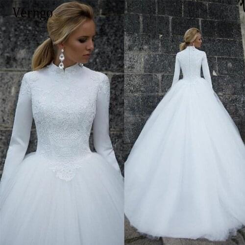 Verngo Vintage Arabic High Neck Long Sleeves Wedding Dress Winter Ball Gown Lace Tulle A-Line Princess Bridal Dresss Custom