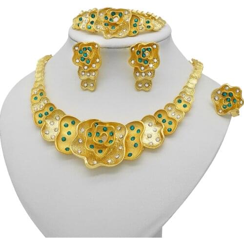 Nigeria Dubai Gold Color Jewelry Sets African Bridal Wedding Gifts Party For Women Bracelet Necklace Earrings Ring Set