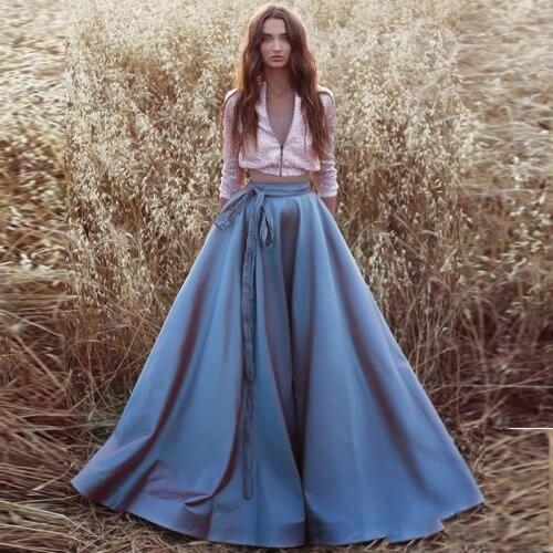 Stylish A-Line Blue Satin Long Skirt with Sash Formal Prom Party Skirt 2018 New Fashion Floor Length Womens Skirts Zipper Back