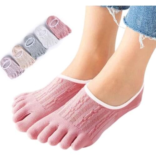 Women Summer Low Cut Five Fingers Toe Boat Socks Braided Striped Jacquard Mesh Top Invisible Cotton Short Hosiery