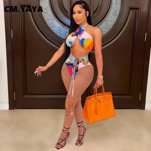 CM.YAYA Women Set Print Sleeeveless Halter Crop Tops Drawstring Waist Mini Shorts Two 2 Piece Ses Sexy Swimsuit Summer Outfits