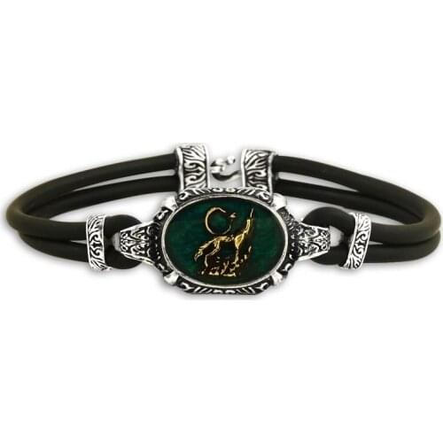 925 Sterling Silver Leather Bracelet for Men with Green Enamelled Wolf Design