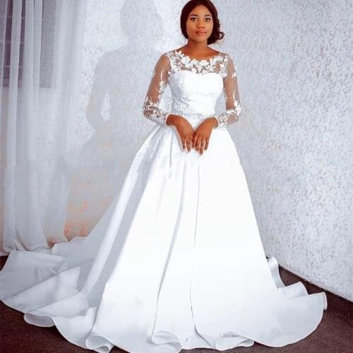 White Satin Wedding Dress Long Sleeves 2021 3D-Floral Appliques Sweep Train Sheer Puffy A Line Bridal Dresses wedding Gown