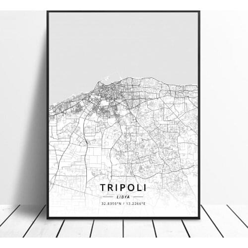 Black and White Tripoli Libya Latitude Longitude Canvas Art Map Poster