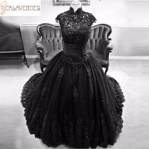 High Neck Cap Sleeve Black Wedding Dresses Lace Appliques Ball Gown Wedding Dresses Zipper Up Back Gothic Wedding Dresses