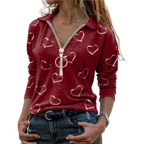 T shirt women Spring Autumn Women Casual Zipper V Neck Heart Print Long Sleeve Sweatshirt Tops T-shirt Base oversized T-shirt
