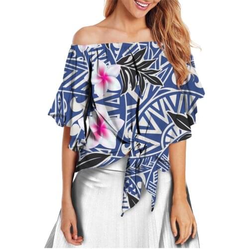 HYCOOL Paisley Stripe Floral Print Blue Women Slash Neck Blouse One-Shoulder Flare Sleeve Top Sexy Top Summer Super Short Blouse