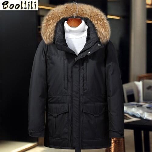 2020 Winter New Mens Real Fur Collar Down Jacket Fashion Casual Thicken Hooded White Duck Down Red Black Green Coat Male -30C