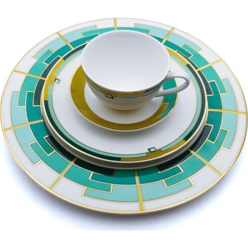 Dinner Plate Set With Coffee Mug Ceramic Cutlery Bone China Dinnerware Set Green Checker Steak Dish Tableware Flat Plate 11inch