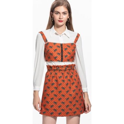 Autumn European Womens Printed Suspenders + Solid Color Lapel Shirt + High-Waist A-Line Skirt Three-Piece Womens Suits/Sets