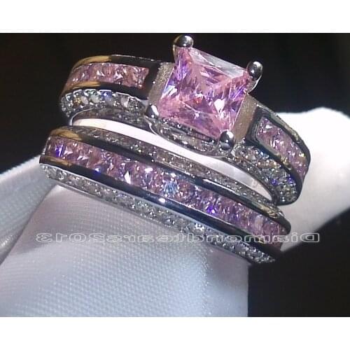 Professional wholesale Size 5-10 Luxury Trendy Jewelry 10kt white gold filled pink AAA CZ Simulated stones Wedding Ring set