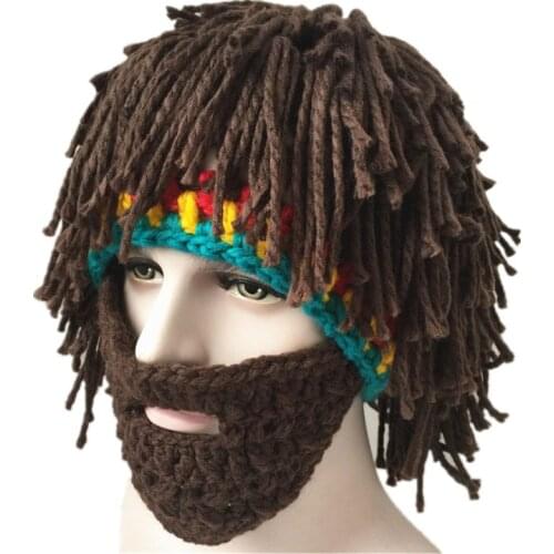 Novelty Hat Winter Handmade Wig Beard Hats Crochet Mustache Knit Halloween Funny Party Caps Unisex Wool Tassel Ski Mask Bonnet