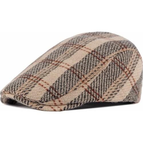 Woolen plaid beret hat casual retro flat cap warm grid male peaked cap fashion vintage peaked cap British style newsboy hat bone
