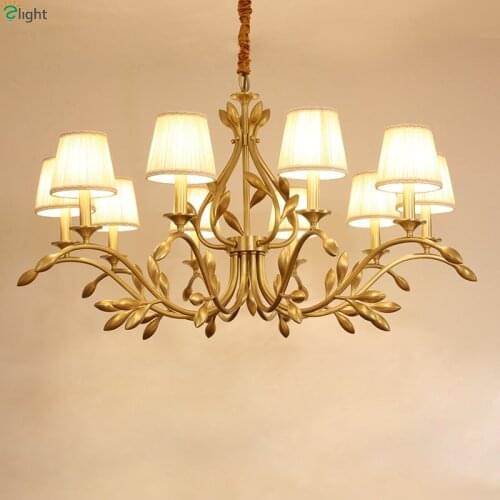 Lustre Copper Leaf Led Chandeliers Lighting Living Room Fabric Shades Led Chandeliers Lamp Dining Room Hanging Lights Fixtures