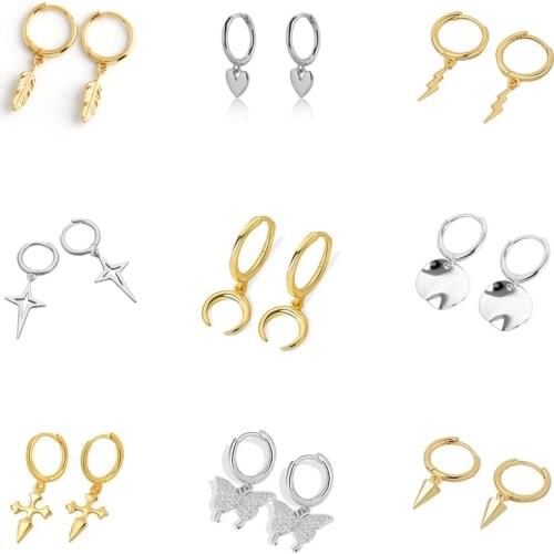 VENTFILLE 925 Sterling Silver Irregular Coin Hoop Heart Star Moon Eye Punk Hip-Hop Geometric Earrings For Women Fashion