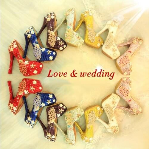 Big size 14cm high heels Platform shoes Women Wedding shoes Bride High Pumps real leather insole Luxury Peacock crystal shoes