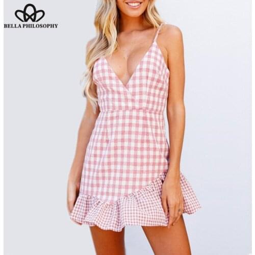 Bella Philosophy Summer Ruffles Sexy Mini Dress Vintage Plaid Female V-Neck Backless Dress Casual Holiday Lady Sweet Beach Dress