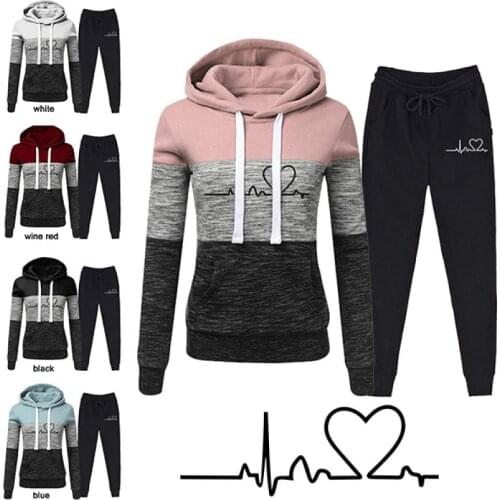 Winter Tracksuit Women 2 Piece Set Print Hoodies+Pants Sportwear Womens Sports Suit Hooded Sweatshirt Jogging Pants Set