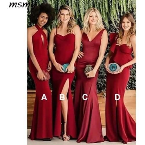 2019 Simple Mermaid V-Neck Red Bridesmaid Dresses Sleeveless Side Split Cheap Long Bridesmaid Dresses Custom Made