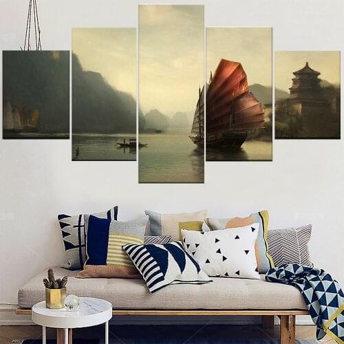 5 Pieces Wall Art Canvas Painting Landscape Poster Sailboat On The Fake Modern Home Modular Pictures Living Room Decoration