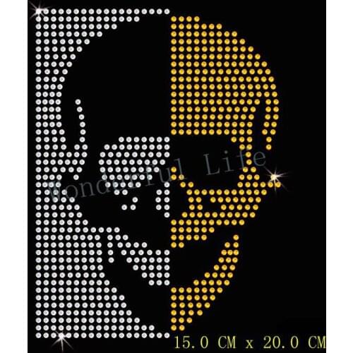 Free shipping skull with golden yellow with white clear crystal design hotfix rhinestones transfer design