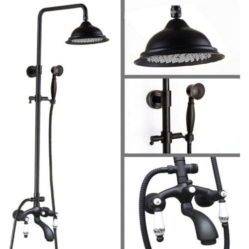 Black Oil Rubbed Bronze Wall Mounted Bathroom 8.2" Rainfall Shower Faucet Set Bath Tub Water Tap Dual Ceramics Handles ahg133