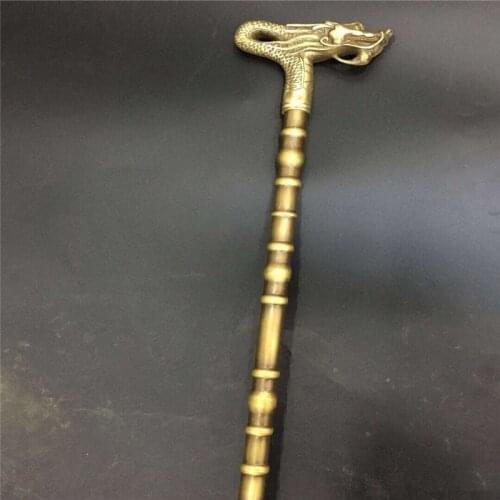 Decoration factory Pure Brass Antique 36" Chinese Big faucet Dragon Goat Statue Lucky Crutches Walking stick Wand cane