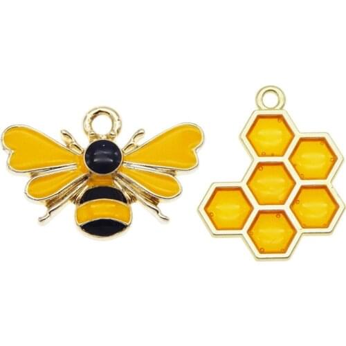 Julie Wang 4PCS Enamel Yellow Bee Honeycomb Charms Mixed Hive Honeybee Pendants Alloy Necklace Bracelet Jewelry Making Accessory