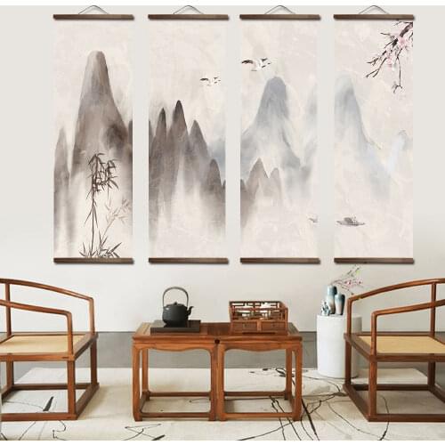Chinese Style Ink Painting Alpine Canvas Decorative Painting Bedroom Living Room Wall Art Posters Solid Wood Scroll Paintings
