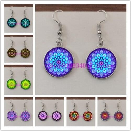 Classic female mandala glass pendant earrings retro novelty sacred geometry boho flower earrings buddhist jewelry