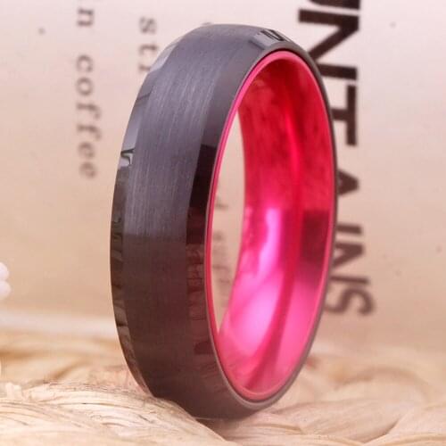 Rings For Women 6MM Wedding Ring Black Tungsten with Pink Aluminum Ring Tungsten Engagement Ring for Men Anniversary Party Rings