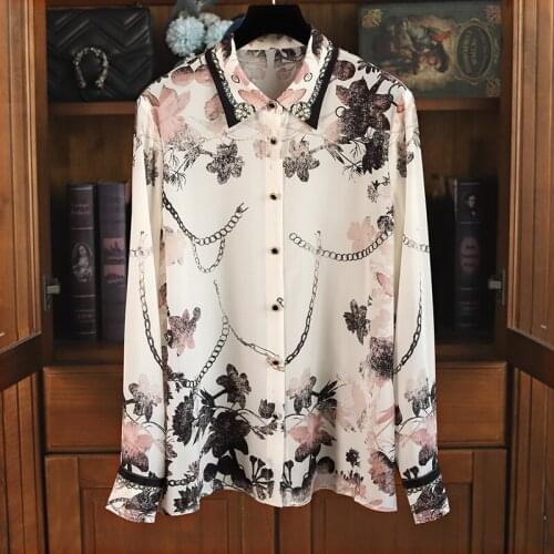 Beautiful and drunk! Exquisite small fragrance style exquisitely printed silk shirt women