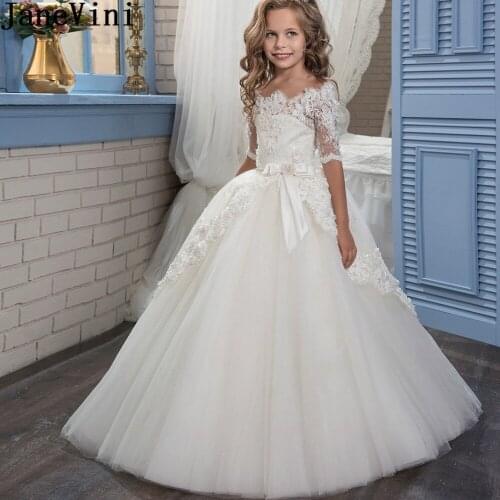 JaneVini Princess Flowers Lace Ball Gown for Kids Children Beaded Flower Girls Occasion Dresses Communion Pageant Gowns Wedding