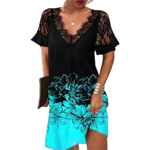 Fashion Women Lace Stitching Printed V-Neck Dress For Summer 2021 Ladies Casual Splice Short Sleeve Hollow Out Splice Mini Dress