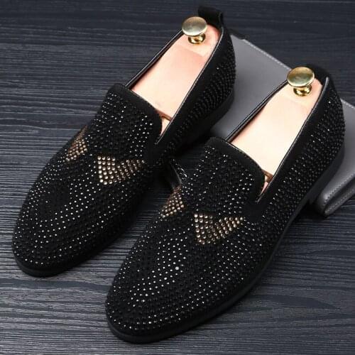 Fashion Men Dress Shoes Rhinestone Black Party Wedding Shoes Pointed Toe Flats Driving Shoes Loafers Luxury Men Casual Shoes 2a