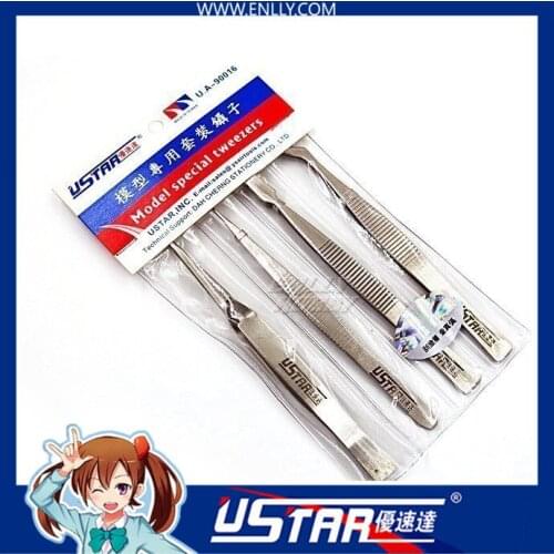 Ustar 90016 Stainless Steel Tweezers Set (4pcs) For Scale Model Modeler Craft Tools Modeling Hobby Accessory
