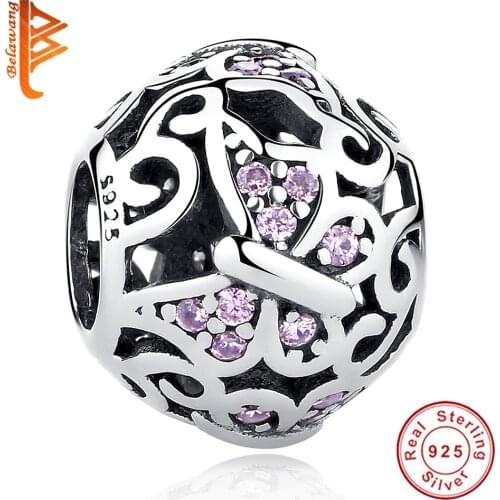 Wholesale Pure 925 Sterling Silver Round Butterfly Bead Pink CZ Charms Fit Original Bracelet For Women DIY Party Jewelry