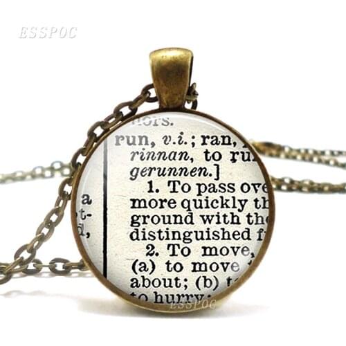 "Run" Dictionary Necklace Pendant, Dictionary Word Jewelry Retro Style Glass Necklace Pendant Gift for Runner