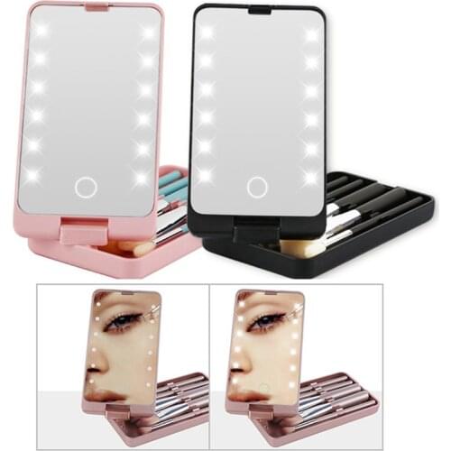 Portable Mini 360Rotatable LED Makeup Mirror With 5 Pcs Cosmetics Brushes Storage Cosmetic Brushes Kit with LED Make-up Mirror