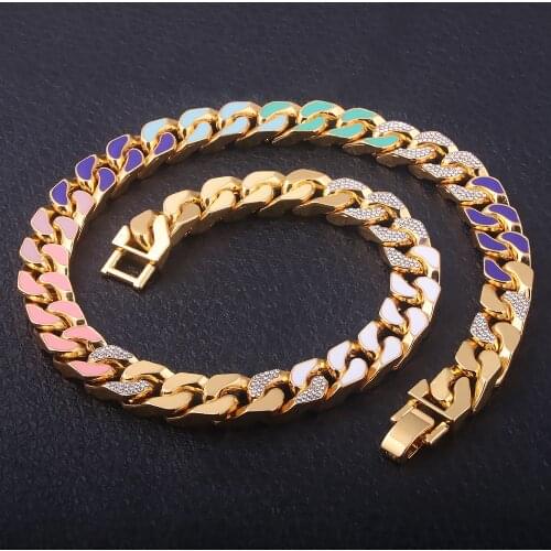 Rainbow Colorful Miami Cuban Chain Necklace Iced Out Chain Hip Hop Choker Necklace for Men Stainless Steel Jewelry